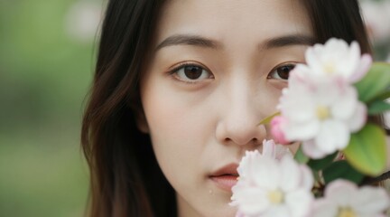 Naklejka premium Close-up of young Asian woman peeking through blooming flowers. Soft focus green background highlights delicate face and natural beauty. Springtime portraiture for lifestyle or cosmetic ads.