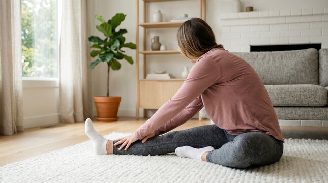 Woman doing seated hamstring stretch exercise on floor at home living room