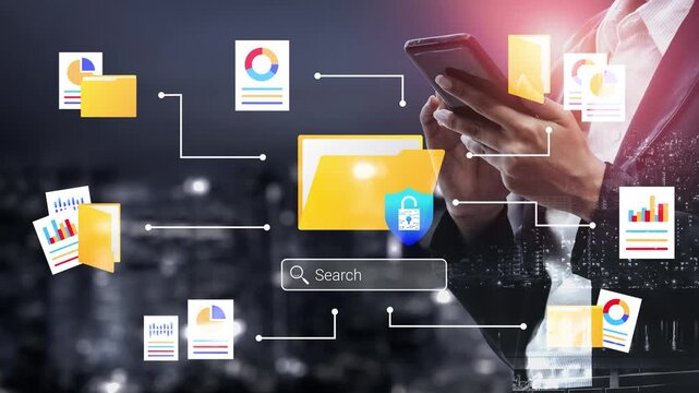 Businessman using smartphone with data icons and network connection in modern city, digital technology concept for finance and search applications Gluon.