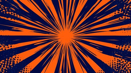 Fototapeta premium Abstract comic book style sunburst background with vibrant orange and dark blue radial lines and halftone dot texture details.