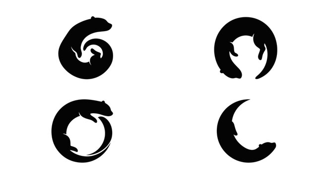 Minimalist weasel and otter silhouettes in circular poses