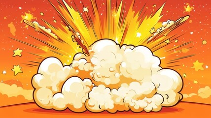 Dramatic comic book explosion illustration with bright yellow light and thick white smoke cloud graphics for action scenes. © Ndoomyim