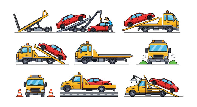 Car Tow Truck Service Set Loading, Transporting, Lifting, Flatbed Towing, Recovery