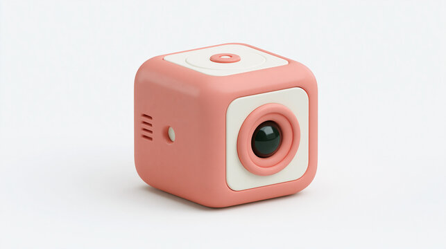 Minimalist 3D Portable Projector in Claymorphism Style with Coral and White Matte Finish Isolated on White Background
