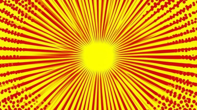 Abstract comic book style sunburst background with red rays and yellow polka dots for dynamic graphic design art projects.
