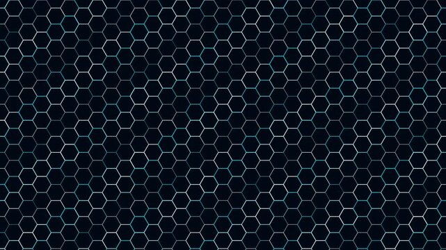 Abstract hexagon grid background, digital technology motion seamless looping geometric pattern in dark blue and white