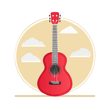 Red Acoustic Guitar Flat Vector Illustration