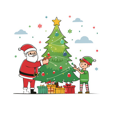 Santa Claus and Elf Decorating Christmas Tree