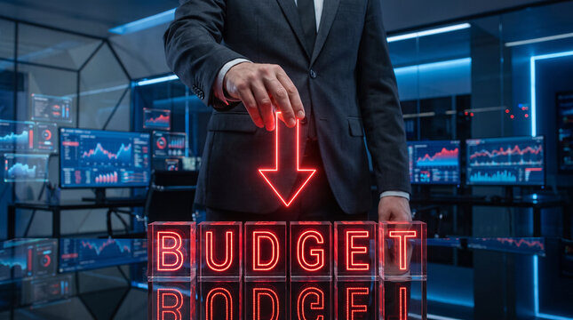 Businessman gesturing downward arrow over glowing red budget text