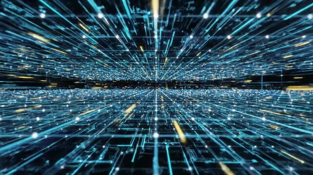 Futuristic abstract digital data flow visualization with glowing lights and network connections in cyberspace
