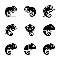 Fototapeta premium Black Chameleon Silhouette Icons Set.