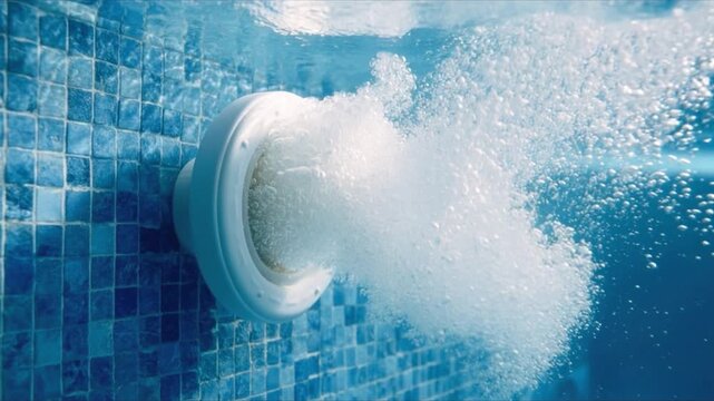 Underwater view of powerful water jet releasing bubbles into clear blue swimming pool with tile wall background in bright sunlight