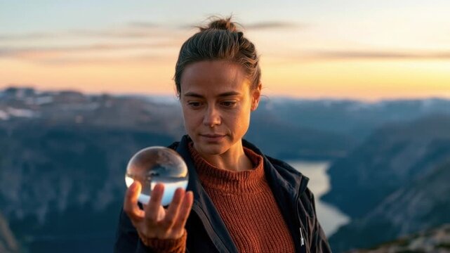 Young woman holding transparent crystal ball outdoors with mountain landscape river and sunset in background, thoughtful expression in natural evening light