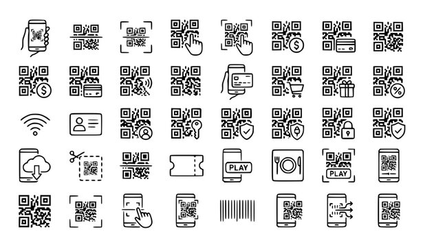 QR Code and Mobile Scanning Line Icons Set - QR Scanner, Barcode Reader, Contactless Payment, Mobile Wallet, NFC, Wifi Scan, Business Card, Ticket Scan, Secure Code, Digital Payment Vector Icons Colle