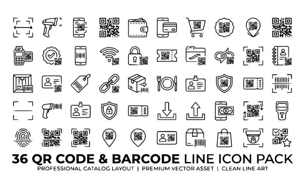 QR Code and Barcode Line Icons Set - QR Scanner, Mobile Scan, Barcode Reader, Secure Payment, Digital Wallet, ID Card, Product Code, NFC, Download, Shield Security, Clean Line Vector Icons Collection
