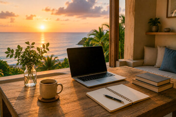 Fototapeta premium Ocean View Home Office At Sunset