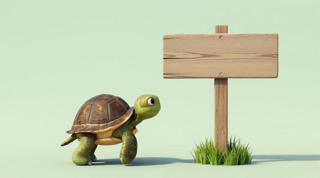 Cute cartoon turtle walks slowly towards blank wooden signpost. Green grass grows near sign. Animal character faces right, looking curious, calm. Simple background provides copy space for text.