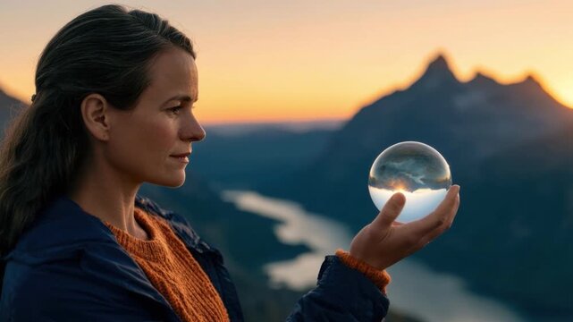 Woman holding crystal ball reflecting mountain and river landscape at sunset with soft warm light and serene nature scene