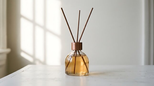 A glass bottle with sticks on a white table by a window