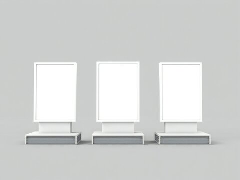 Three blank posters on stacks of books