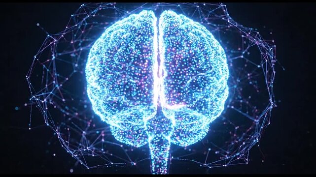 Digital brain model glowing with neural connections in a motion animation representing artificial intelligence and advanced human thinking process concepts