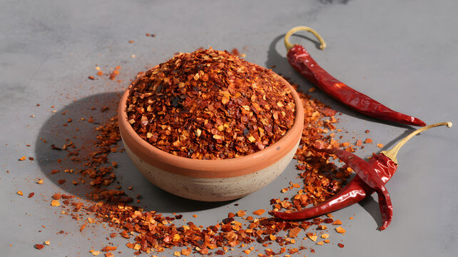 A small bowl filled with spicy red chili flakes next to dried chili peppers