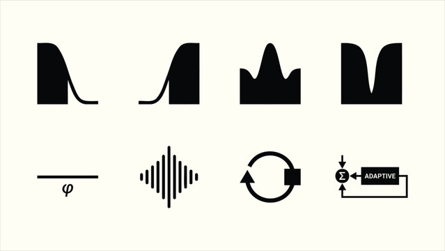 Minimalist black vector icon set representing audio DSP and signal processing