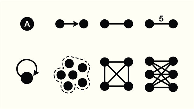 Graph theory nodes and network topology vector icon set collection