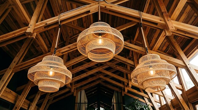 Three wicker pendant lights hanging from wooden ceiling beams indoors