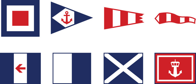 Nautical signal flag illustrations with maritime communication symbols in red, white, and blue designs