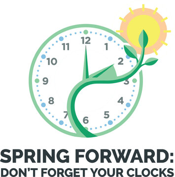 Spring forward daylight saving time reminder banner with clock sun and growing green sprout vector illustration style