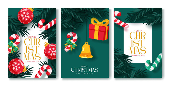 Merry Christmas greeting card clipart poster set. Merry Christmas and Happy New Year greeting card template clip art with candy cane, gift box, golden bell, pine branches and Christmas bauble ornament
