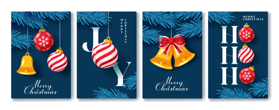Modern Merry Christmas greeting cards clipart poster set. Blue modern Christmas card with hanging xmas bauble, golden bell, pine branches, joy and ho ho ho typography clip art for social media story