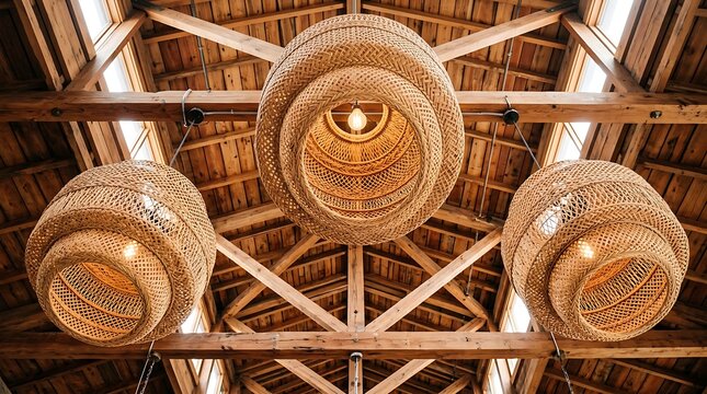 Three large woven rattan pendant lights hanging from a wooden ceiling