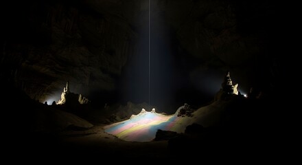 Naklejka premium Stunning shaft of natural light illuminating colorful prismatic reflections on the floor of a deep dark limestone subterranean cavern