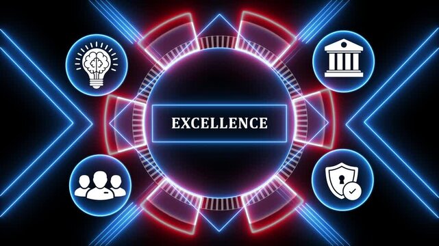 Digital excellence concept with blue glowing neon lines and business icon graphics.