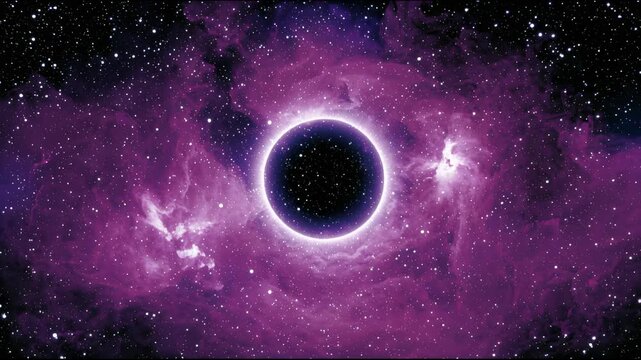 Black hole in center of glowing deep space purple nebula galaxy
