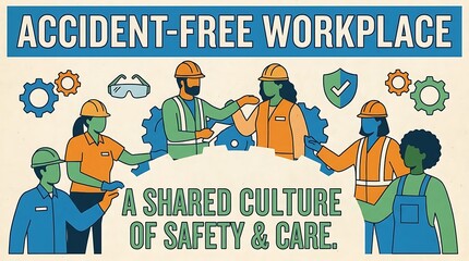 Obraz premium Diverse Construction Workers Collaborating for Accident-Free Workplace with Safety Culture and Care