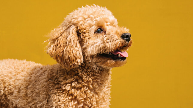 Cute Toy Poodle Puppy Smiling on Yellow Background