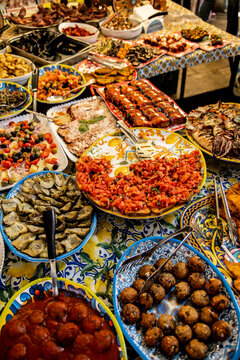 Fried Sicilian street food on display, Palermo market