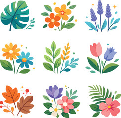 Obraz premium Floral Vector Icon Set Featuring Flowers, Tropical Leaves, Tulips and Botanical Elements