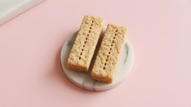 Two rectangular shortbread biscuits on a small white marble plate