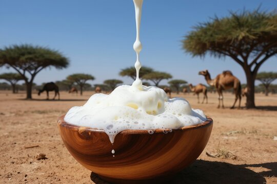 Camel milk shubat froths in wooden bowl on sandy ground. Dromedaries graze in arid landscape under acacia trees. Sunny day with clear blue sky.