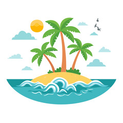 Obraz premium Tropical island with palm trees and ocean waves vector illustration