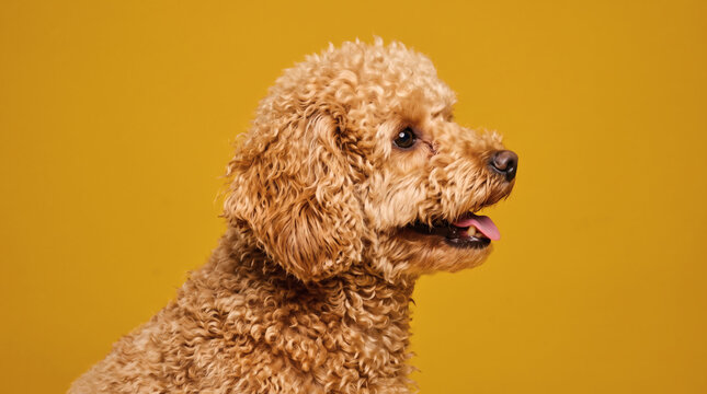 Cute Toy Poodle Puppy Smiling on Yellow Background