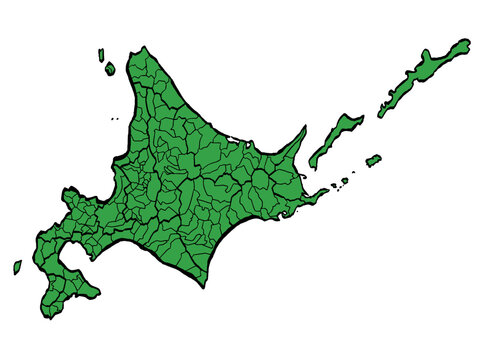北海道地図 市町村区分 緑色 筆タッチ 和風 東日本 / A brushstroke map of Hokkaido Prefecture / green