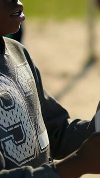Vertical video: Catching pass, kid in hoodie 9 holding ball with hands at park, keeping control