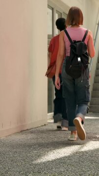 Vertical video: Panning cam showing two walkers in rust and pink tops climbing stairs with backpack
