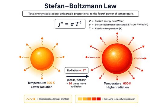 Stefan&ndash;Boltzmann Law Educational Vector Illustration with Hot and Cool Glowing Spheres