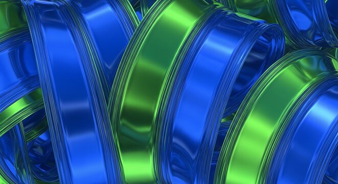 Dynamic Seamless Abstract Metallic Loops Background with Blue and Green Glossy 3D Curves